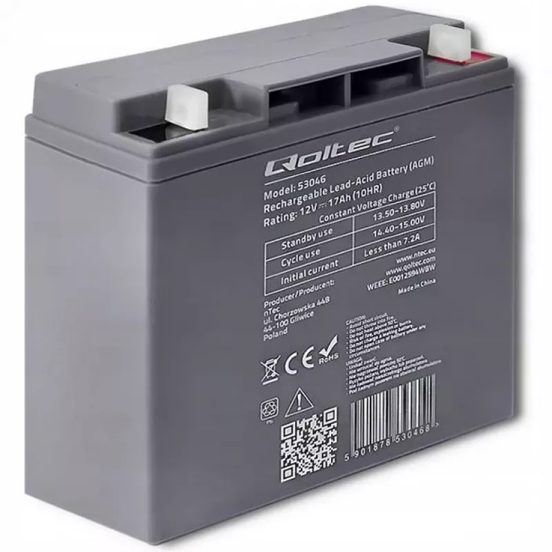 Qoltec 53046 AGM akumuliatorius 12 V / 17 Ah, maks. 255 A