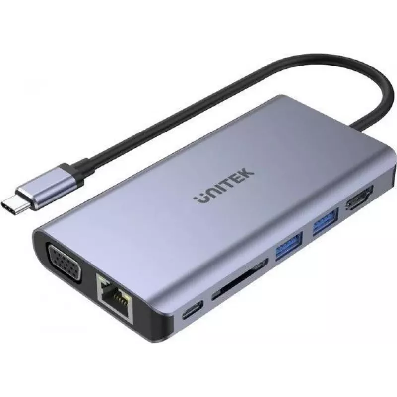 UNITEK uHUB O8+ 8-in-1 USB-C stotelė, pilka, aliuminis, 100W PD