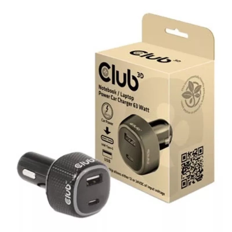 CLUB3D automobilinis nešiojamojo kompiuterio įkroviklis 63 W, cigarečių degtukas, 24 V, juodas