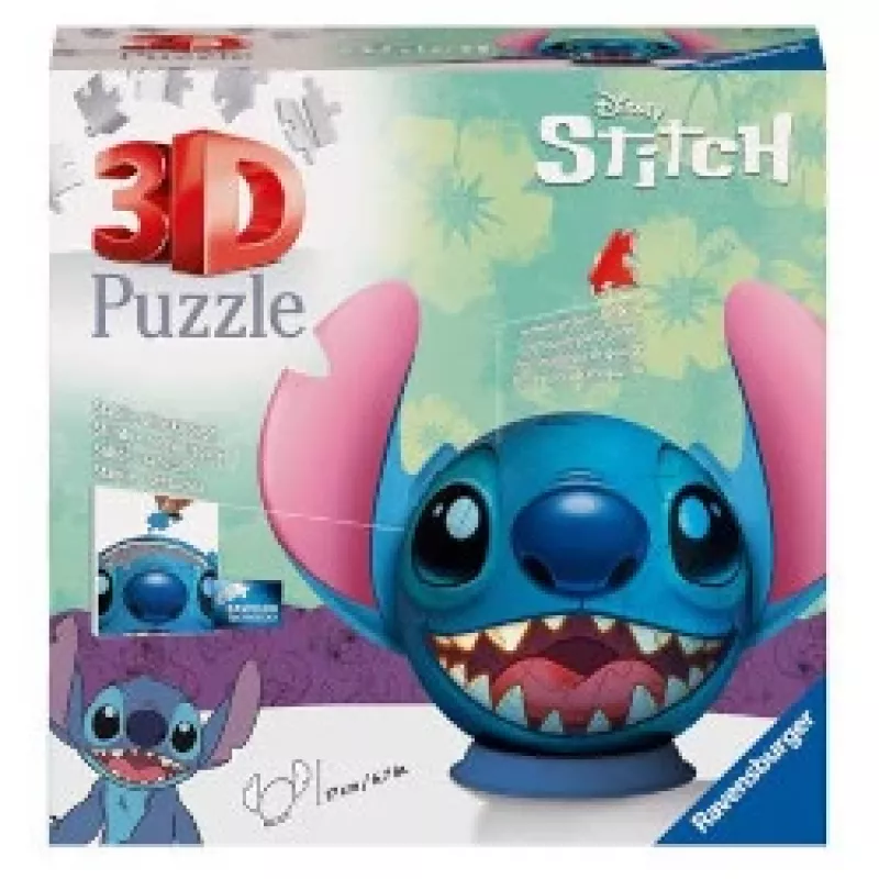 Ravensburger 11574 Disney Stitch 3D dėlionė kamuolio formos su ausimis, 77 elementai, vaikams nuo 6 m.