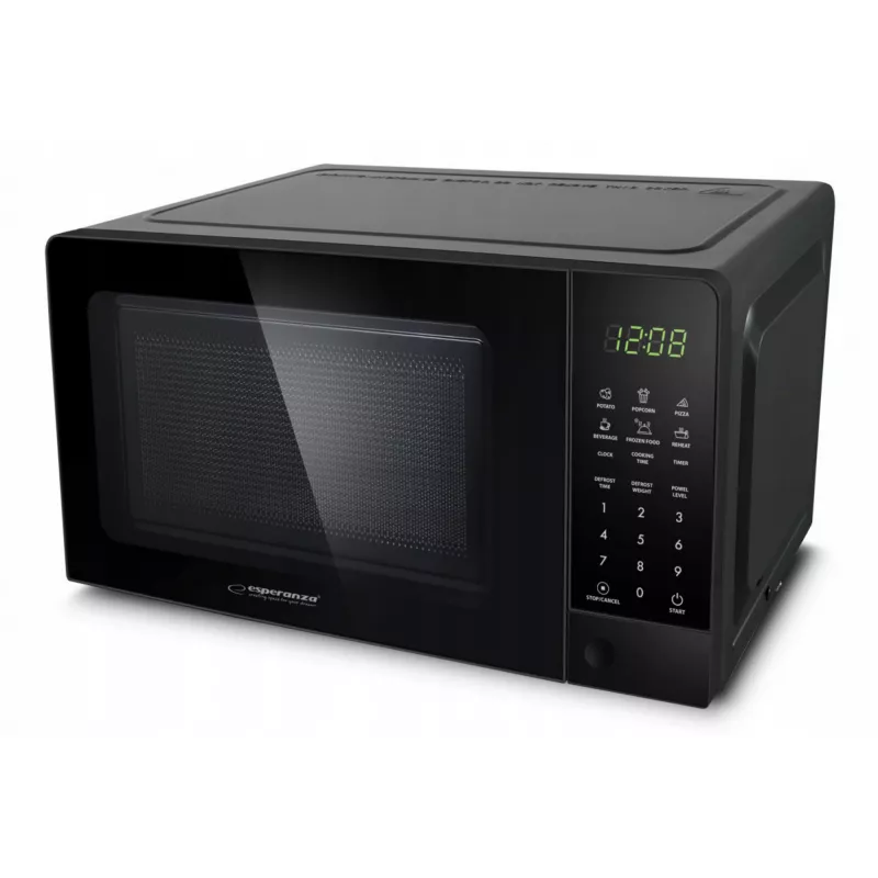 Solo mikrobangų krosnelė ESPERANZA EKO009 — 700 W, 20 L, LED ekranas, jutiklinis valdymas, 24,5 cm stiklinė plokštelė, juoda