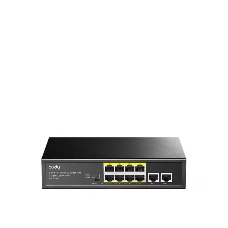 Tinklo jungiklis Cudy FS1010PG — 10/100 Mbps, 8 PoE prievadai, 2 uplink, 120 W PoE biudžetas, metalinis korpusas