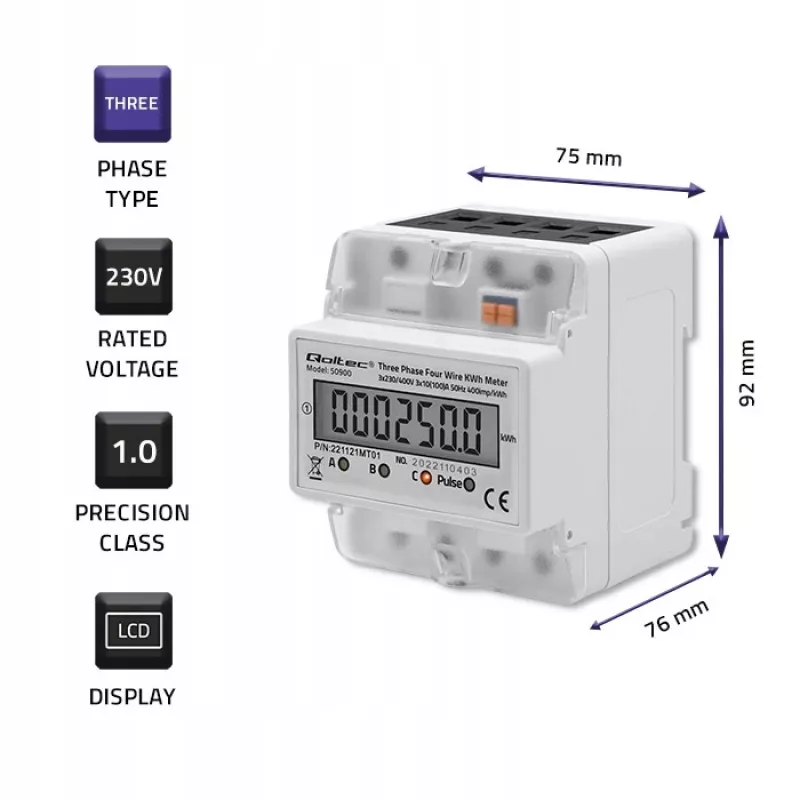 Trifazis elektroninis elektros energijos skaitiklis QOLTEC 50900 400V LCD 4P