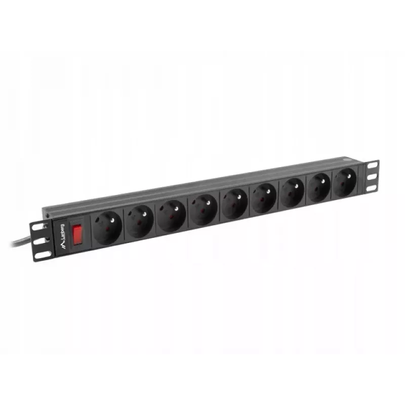 Maitinimo paskirstymo blokas LANBERG PDU-09E-0300-BK — 9x E tipo lizdai, 16 A, 220–250 V, 3 m laidas, 1U, 19 colių