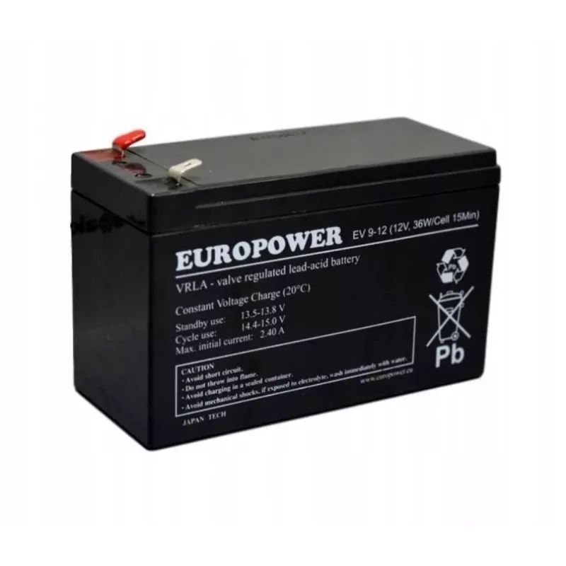 Švino-rūgštinis sandarus akumuliatorius europower EV 12-9 – 12 V 9 Ah UPS ir atsarginiam maitinimui