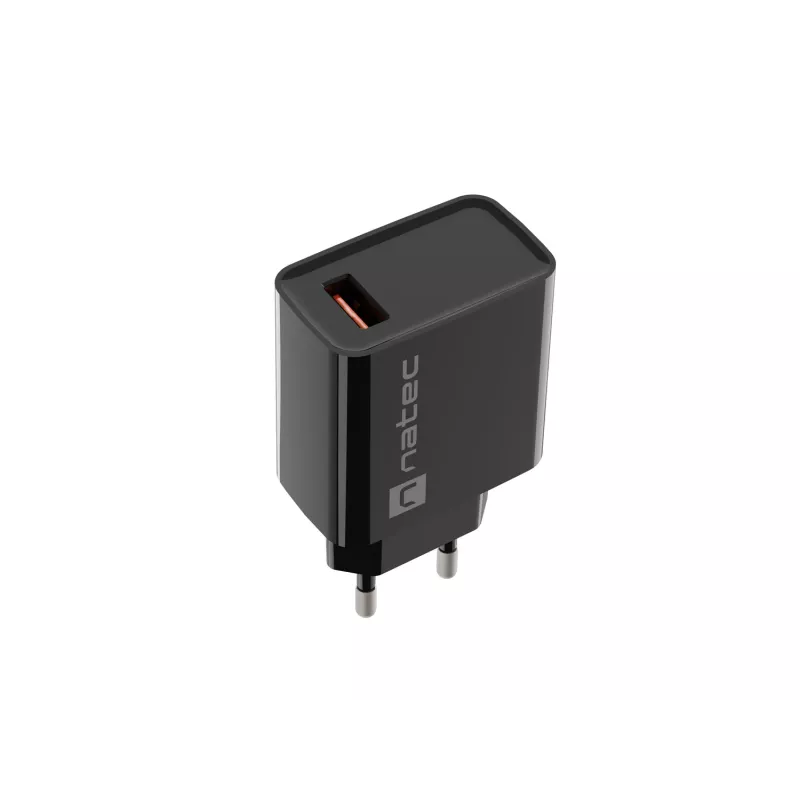NATEC Ribera universalus greitojo įkrovimo sieninis kroviklis — 18 W (5–15 V, iki 3 A), 1× USB-A, Huawei FCP/SCP, juodas