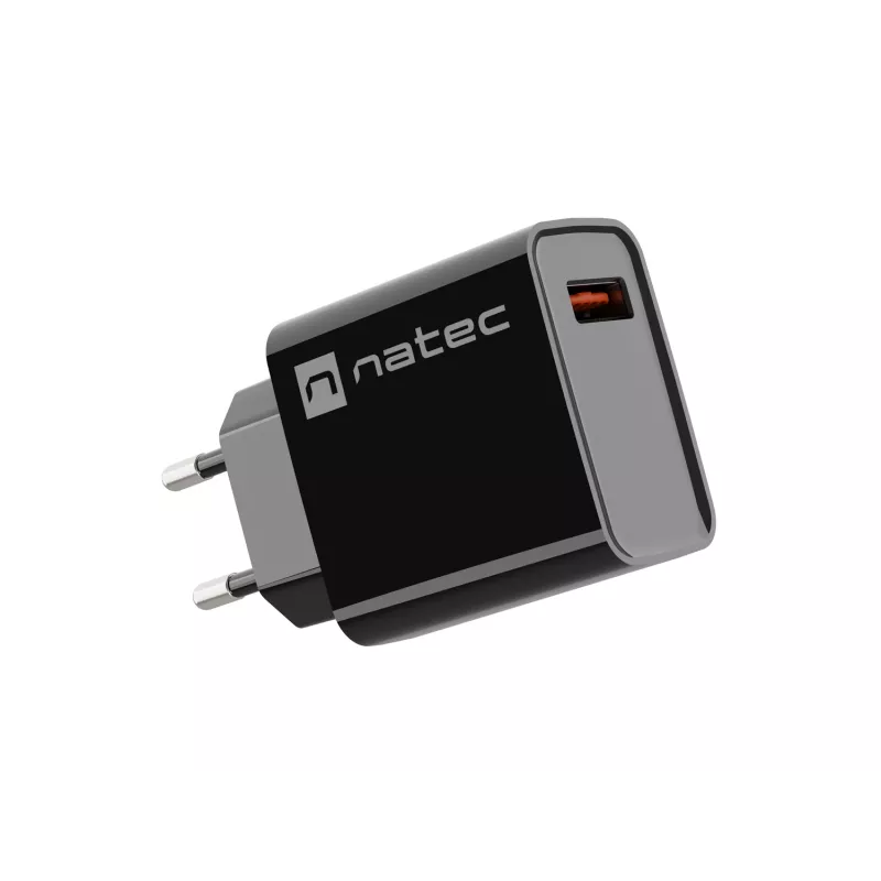 NATEC Ribera universalus greitojo įkrovimo sieninis kroviklis — 18 W (5–15 V, iki 3 A), 1× USB-A, Huawei FCP/SCP, juodas