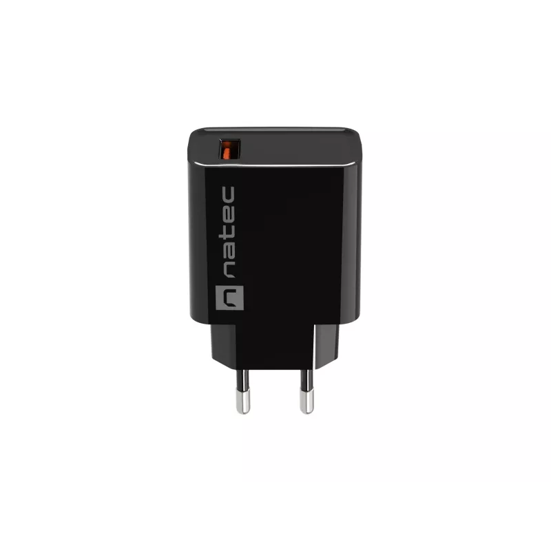 NATEC Ribera universalus greitojo įkrovimo sieninis kroviklis — 18 W (5–15 V, iki 3 A), 1× USB-A, Huawei FCP/SCP, juodas
