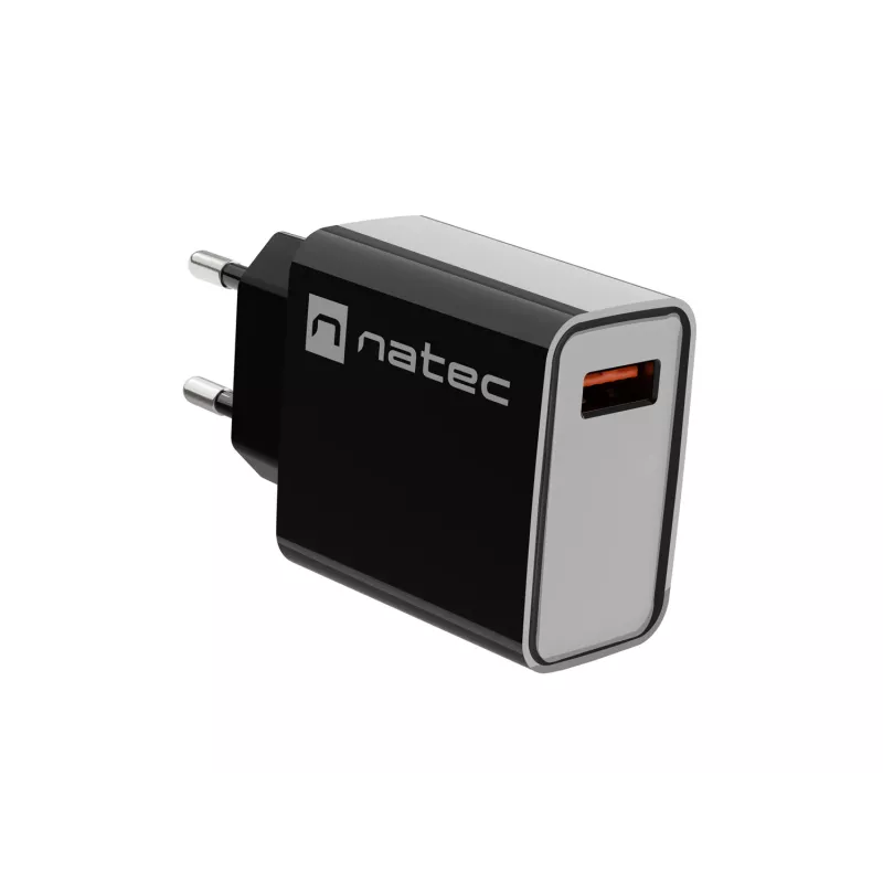 NATEC Ribera universalus greitojo įkrovimo sieninis kroviklis — 18 W (5–15 V, iki 3 A), 1× USB-A, Huawei FCP/SCP, juodas