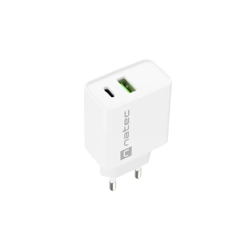 Patalpų kintamosios srovės greitasis įkroviklis NATEC RIBERA 12V 20W USB-C PD 3.0 + USB-A Samsung AFC Baltas