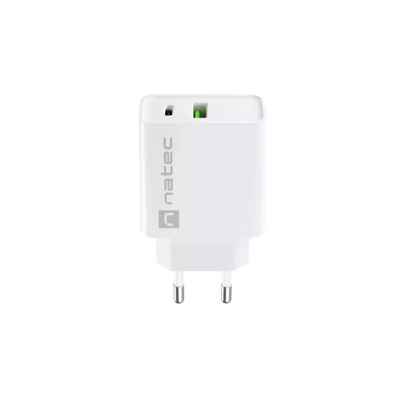 Patalpų kintamosios srovės greitasis įkroviklis NATEC RIBERA 12V 20W USB-C PD 3.0 + USB-A Samsung AFC Baltas
