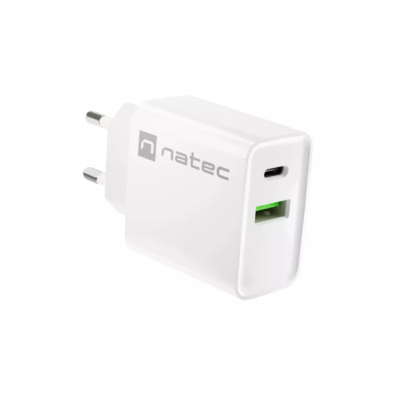 Patalpų kintamosios srovės greitasis įkroviklis NATEC RIBERA 12V 20W USB-C PD 3.0 + USB-A Samsung AFC Baltas