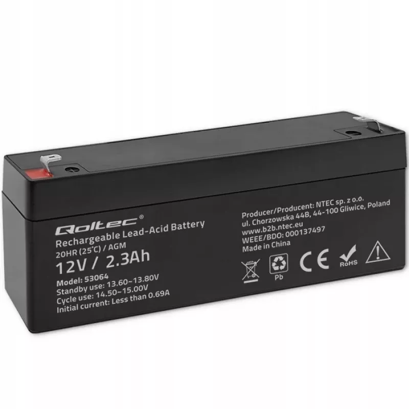 Sandari AGM baterija QOLTEC 12V 2,3Ah UPS ir atsarginės maitinimo sistemoms, maks. iškrova 34,5A