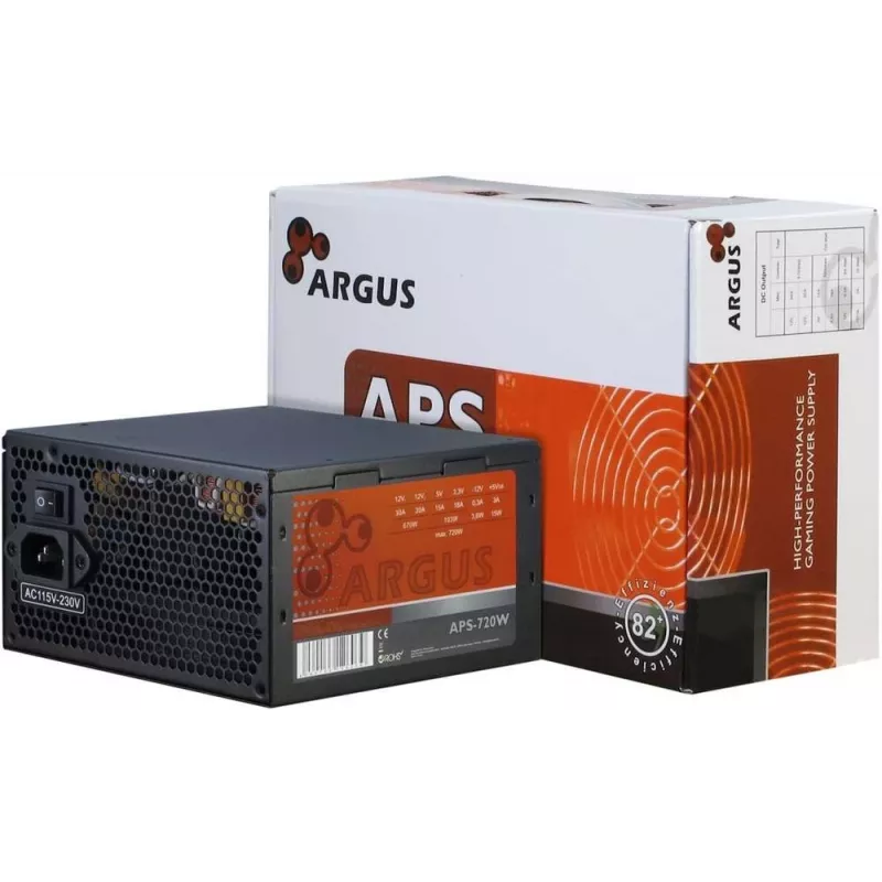 INTER TECH Argus APS-720W - Maitinimo blokas (115-230 V, 20+4 kontaktų ATX, 47-63 Hz, 12V1, +12V2, +3.3V, +5V, +5Vsb, 12V, aktyvus, ATX, juoda)