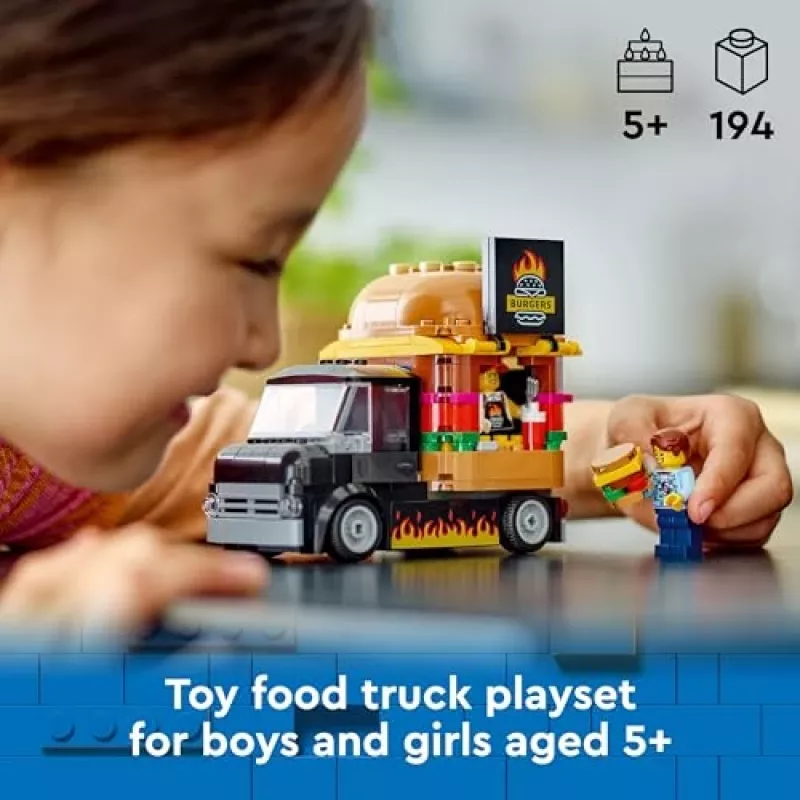 LEGO City Burger Van Maistas Automobilyje Statybos Rinkinys 5+ Metų Vaikams ir Mergaitėms Žaislinis Maisto Sunkvežimis Virtuvės Žaidimų Rinkinys su Pardavėjo Minifigūra ir Aksesuarais