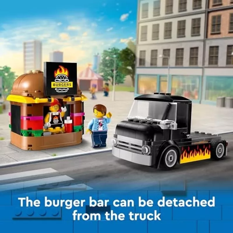 LEGO City Burger Van Maistas Automobilyje Statybos Rinkinys 5+ Metų Vaikams ir Mergaitėms Žaislinis Maisto Sunkvežimis Virtuvės Žaidimų Rinkinys su Pardavėjo Minifigūra ir Aksesuarais