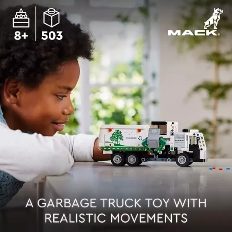 LEGO Technic Mack LR Electric šiukšlių sunkvežimis 42167 — 503 dalys, motorizuotas, 230×80×90 mm