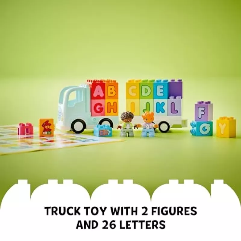Konstruktorius LEGO DUPLO 10421 ABC sunkvežimis, 36 dalių, 2 minifigūrėlės, nuo 2 m., matmenys 110×140×70 mm