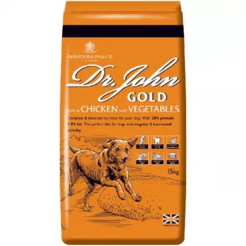 Sausas šunų ėdalas Dr. John Gold Chicken 15 kg maišas — suaugusiems, 20% baltymų, 9% riebalų, sąnarių palaikymui