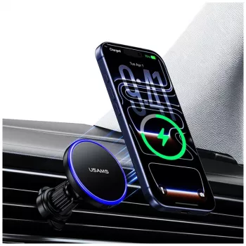 USAMS Magnetinis laikiklis automobilio ventiliacijos grotelėms išmaniesiems telefonams, 360° sukimasis, juodos spalvos