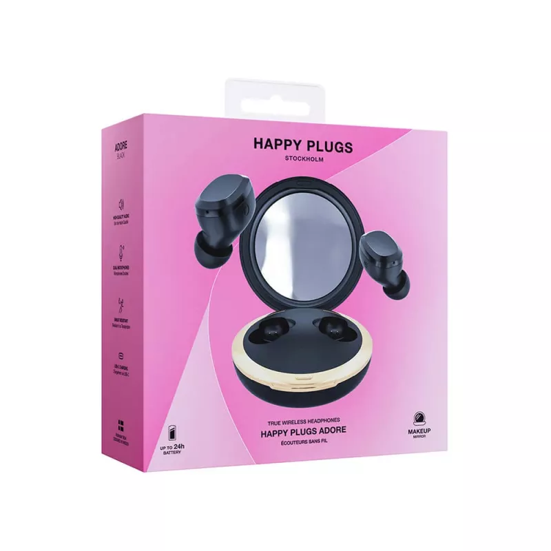 „Happy Plugs Adore“ belaidės ausinės su veidrodėliu įkrovimo dėkle (juodos spalvos)