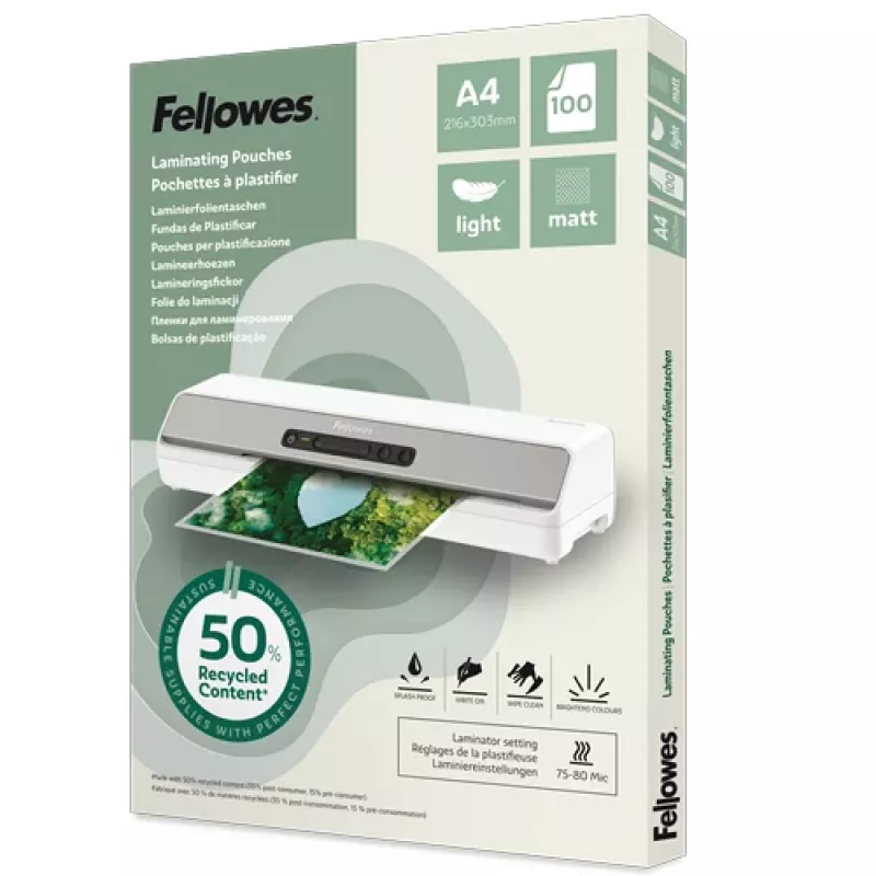 Fellowes 100 vnt. A4 matiniai laminavimo maišeliai, 80 mikronų, perdirbti