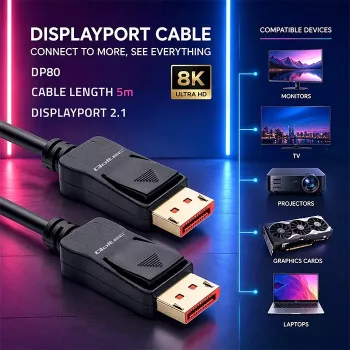 Qoltec DisplayPort v2.1 laidas, vyriškas–vyriškas, 8K 54G 5m, juodas