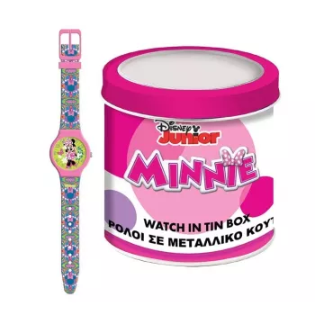 PULIO Analoginis laikrodis skardinėje dėžutėje - Disney Minnie Mouse, rožinis PU odos dirželis, kvarcinis mechanizmas, 30 mm metalo lydinio korpusas, atsparus purslams, mergaitėms nuo 6 m.