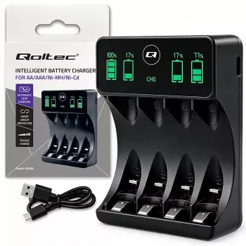 Qoltec 50968 NiMH/NiCd akumuliatorių įkroviklis AA, AAA, C, D, 9V su LCD ekranu ir USB-C kabeliu – juodas