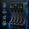 Qoltec 50968 NiMH/NiCd akumuliatorių įkroviklis AA, AAA, C, D, 9V su LCD ekranu ir USB-C kabeliu – juodas