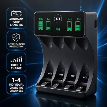 Qoltec 50968 NiMH/NiCd akumuliatorių įkroviklis AA, AAA, C, D, 9V su LCD ekranu ir USB-C kabeliu – juodas