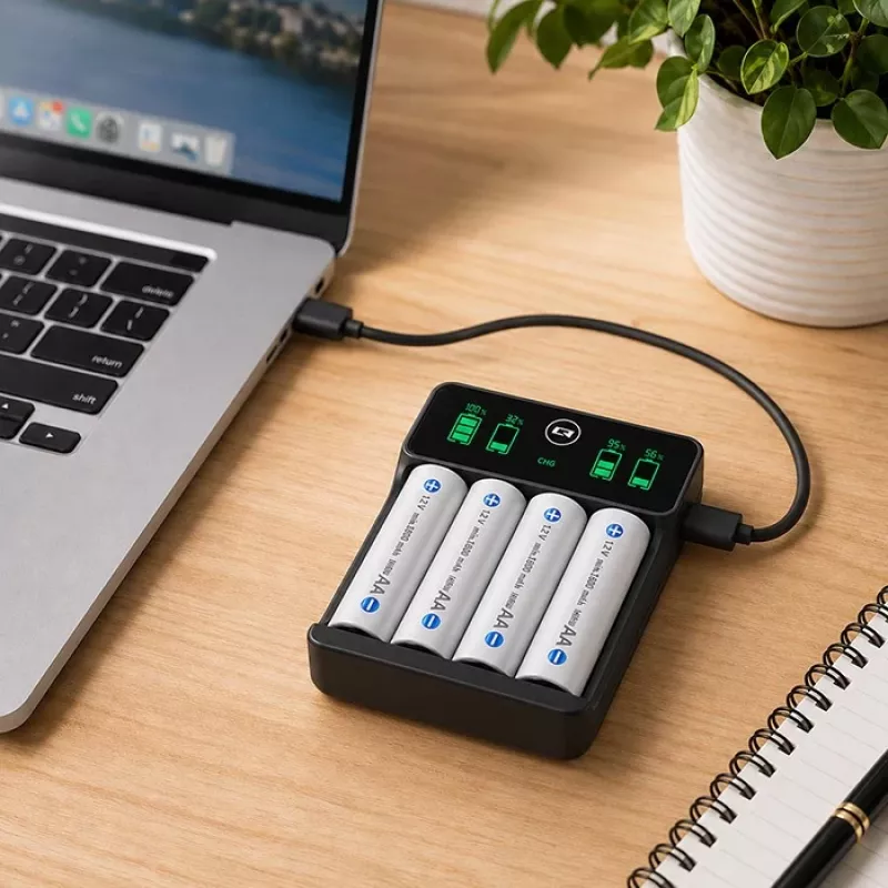 Qoltec 50968 NiMH/NiCd akumuliatorių įkroviklis AA, AAA, C, D, 9V su LCD ekranu ir USB-C kabeliu – juodas