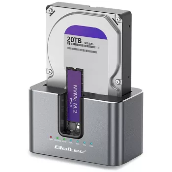Qoltec 2in1 HDD SSD dokavimo stotelė SATA M.2 NVMe su klonavimu, USB-C 3.2 Gen 2, 10Gbps, iki 28TB, aliuminio