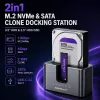 Qoltec 2in1 HDD SSD dokavimo stotelė SATA M.2 NVMe su klonavimu, USB-C 3.2 Gen 2, 10Gbps, iki 28TB, aliuminio