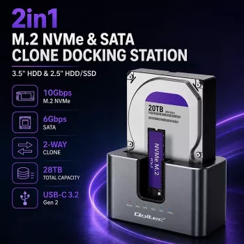 Qoltec 2in1 HDD SSD dokavimo stotelė SATA M.2 NVMe su klonavimu, USB-C 3.2 Gen 2, 10Gbps, iki 28TB, aliuminio