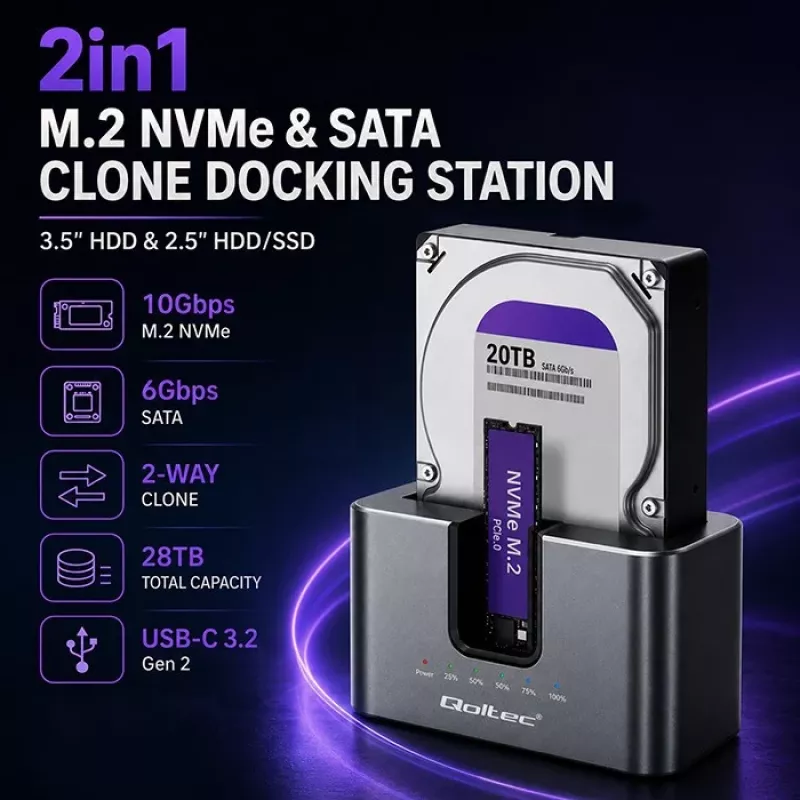 Qoltec 2in1 HDD SSD dokavimo stotelė SATA M.2 NVMe su klonavimu, USB-C 3.2 Gen 2, 10Gbps, iki 28TB, aliuminio