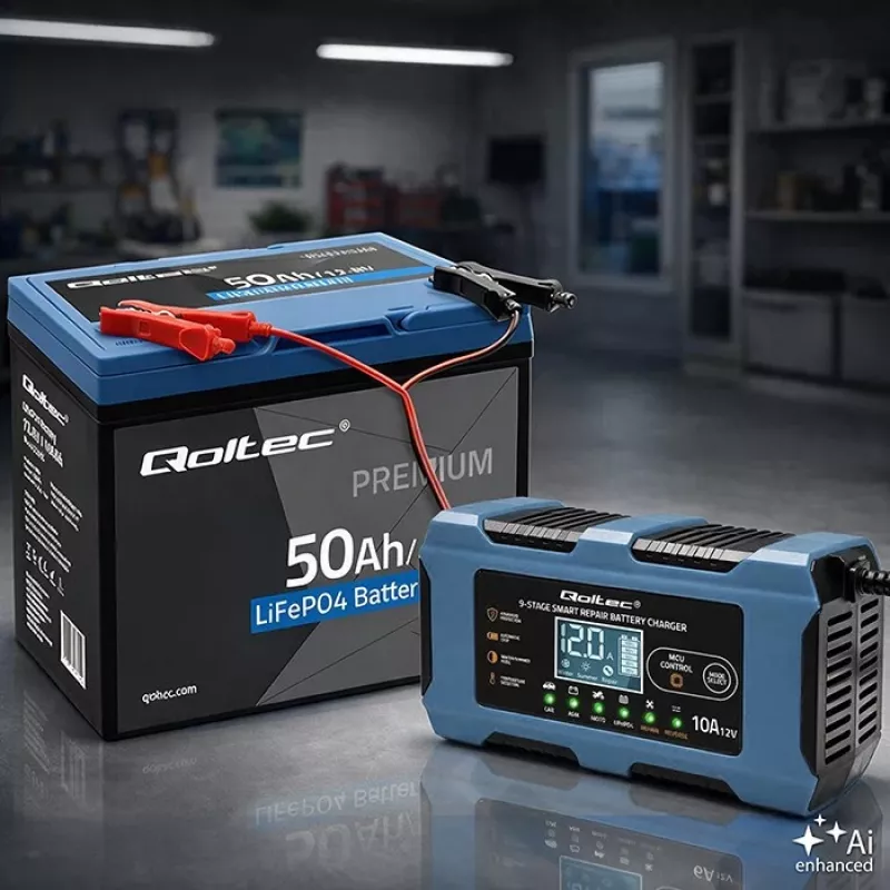 Qoltec 52668 protingas akumuliatoriaus įkroviklis 12V 10A su atkūrimo funkcija, skirtas AGM GEL LiFePO4