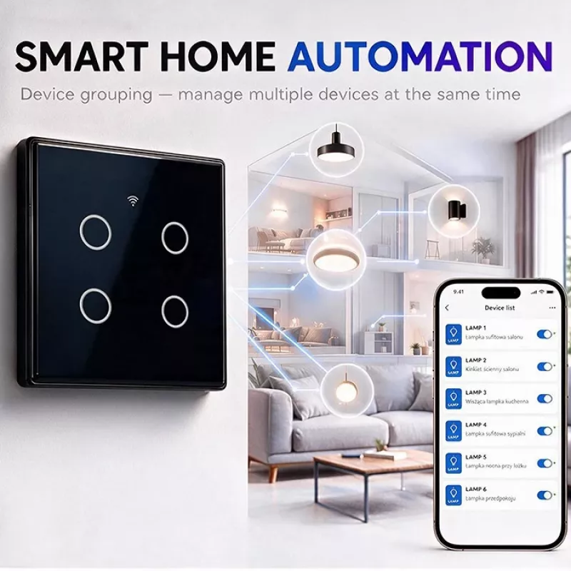 Qoltec Smart Touch Light Switch 4-Gang Wi-Fi Timer Tuya | Grūdintas stiklas | Baltas