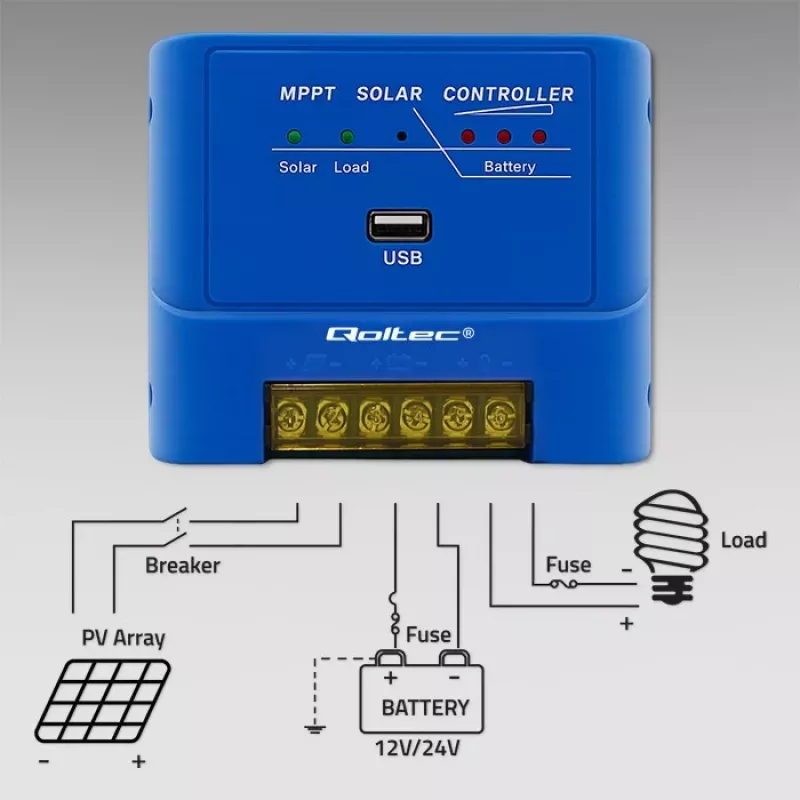 QOLTEC MPPT 15A saulės įkrovimo valdiklis 12V/24V, skirtas LiFePO4, gelio, AGM, Flooded, Sealed Lead-Acid baterijoms su LCD ir RS485