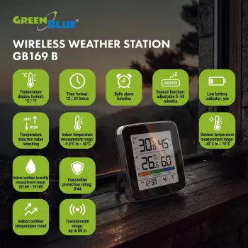 GREENBLUE GB169 B Belaidė meteorologinė stotis su spalvotu ekranu ir lauko jutikliu