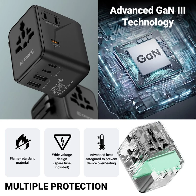Crong One World kelioninis adapteris GaN 45W UK/EU/US/AU juodas