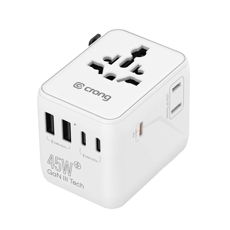 Crong One World kelioninis adapteris GaN 45W UK/EU/US/AU baltas