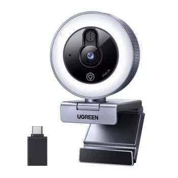 UGREEN 2K QHD internetinė kamera su LED apšvietimu ir įmontuotu mikrofonu, 30fps, USB 2.0, autofokusu, 80° matymo lauku, su spaustuku ir trikojo sriegiu, juoda