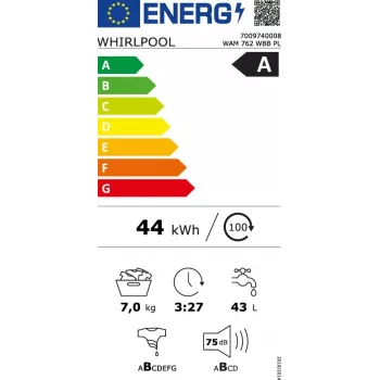 Whirlpool WAM762WBBPL 7 kg 1200 aps./min skalbimo mašina su 6th Sense technologija, FreshCare+, Clean+, 14 programų, LED ekranu, vaikų užraktu, atidėto paleidimo funkcija, energijos klasė C, balta