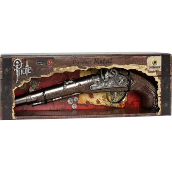 PULIO Gonher Metal Pirate Gun žaislinis pistoletas su kapsulėmis, liejamo metalo ir plastiko, 8 šūvių žiedinės kapsulės, juodas/pilkas su rudena rankena, nuo 8 metų