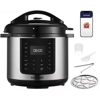 CONCEPT CK8001 daugiafunkcis puodas, 5 l, 900 W, 10 programų, LED, neprideganti keraminė talpa, atidėtas paleidimas, palaikymas šiltai, juodas/sidabrinis