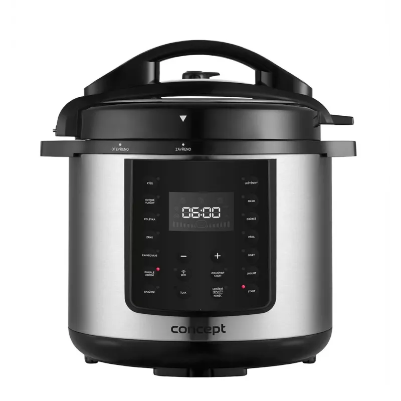 CONCEPT CK8001 daugiafunkcis puodas, 5 l, 900 W, 10 programų, LED, neprideganti keraminė talpa, atidėtas paleidimas, palaikymas šiltai, juodas/sidabrinis