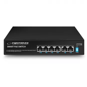 ESPERANZA 6 prievadų PoE+ Gigabit komutatorius 65W GOLIATH (4 PoE+ prievadai, 2 uplink, 12 Gbps, be ventiliatoriaus, metalinis)