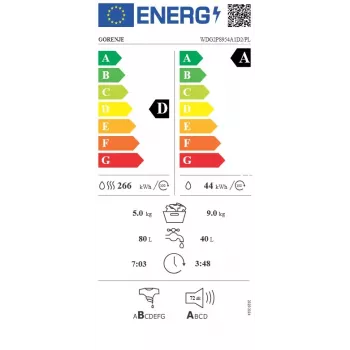 Gorenje WDG2PS954A1D2/PL Skalbimo džiovinimo mašina, 9 kg skalbimas / 6 kg džiovinimas, 1400 aps/min, A energijos klasė, balta
