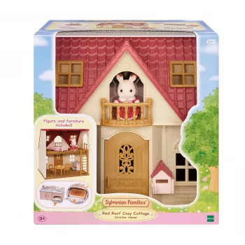 EPOCH Sylvanian Families Starter House – Raudono stogo serijos lėlių namelis su Freya šokoladine triušyte ir 10 baldų